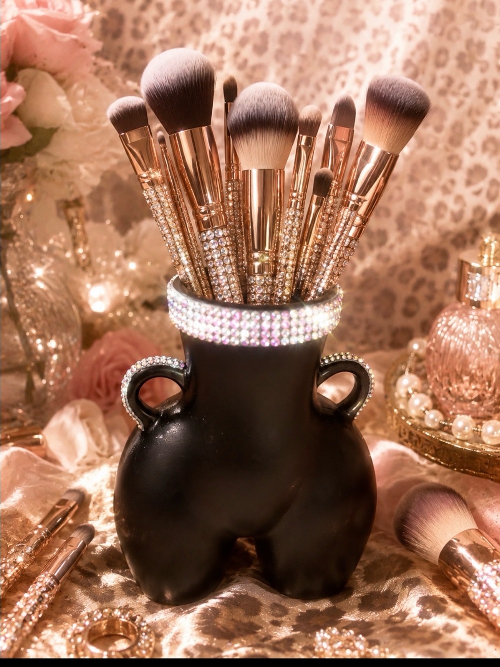 Luxury Rose Gold Makeup Brush Set with Black Rhinestone Holder